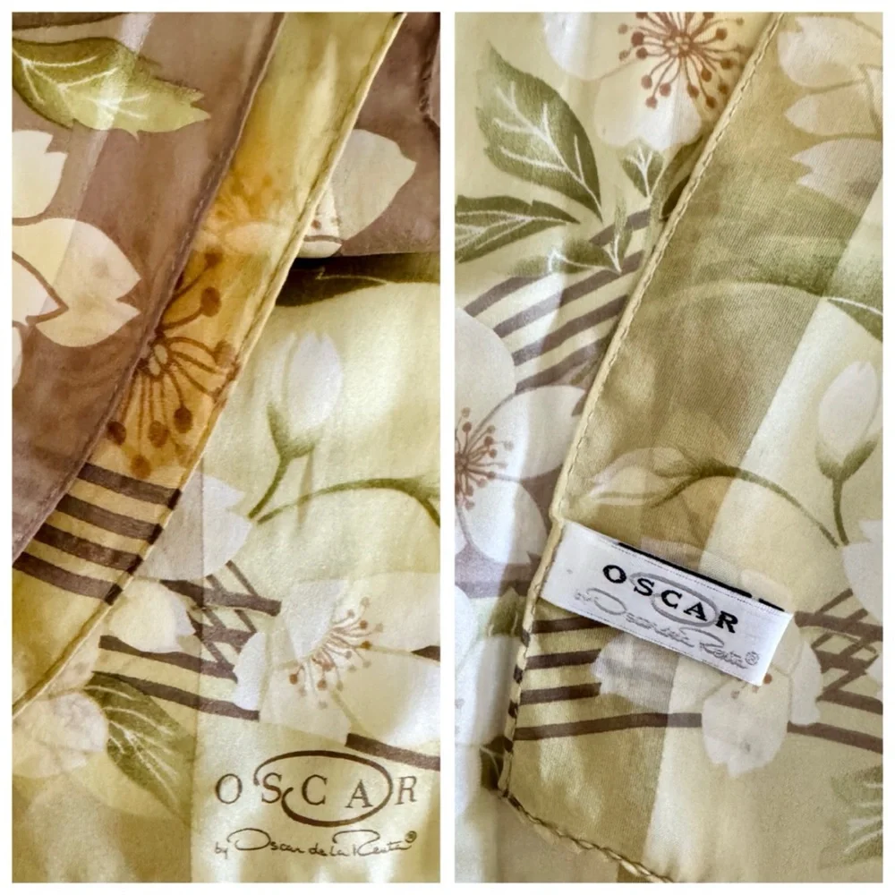 Oscar de la Renta Golden Cherry Blossom Silk Sateen Scarf, Rectangular (Oblong)